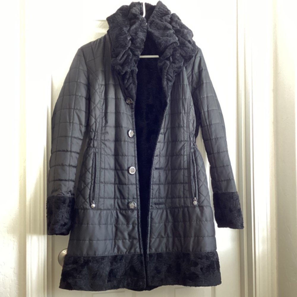 Laundry by Shelli Segal, NWOT, black, reversible faux fur/puffer, sz L, midi - Picture 3 of 11